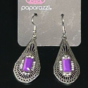 Paparazzi Silver Filigree Earrings with Purple Accent